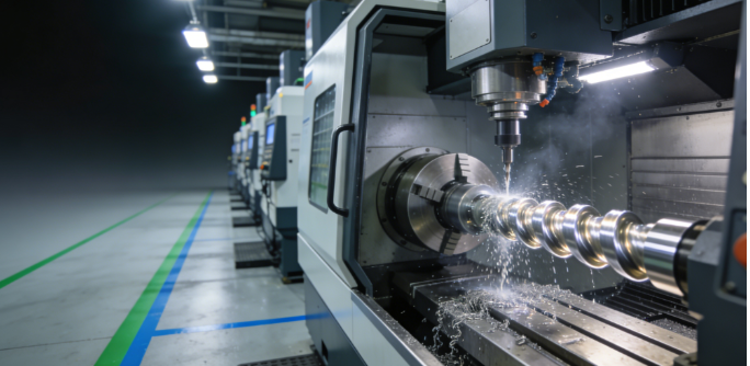 CNC turning center machining a precision metal part inside a clean, ISO-certified precision manufacturing facility
